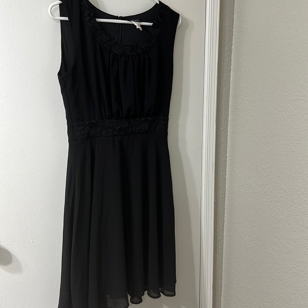 La Scalia Black Dress with Lace Neck and Waist Detail | Size M